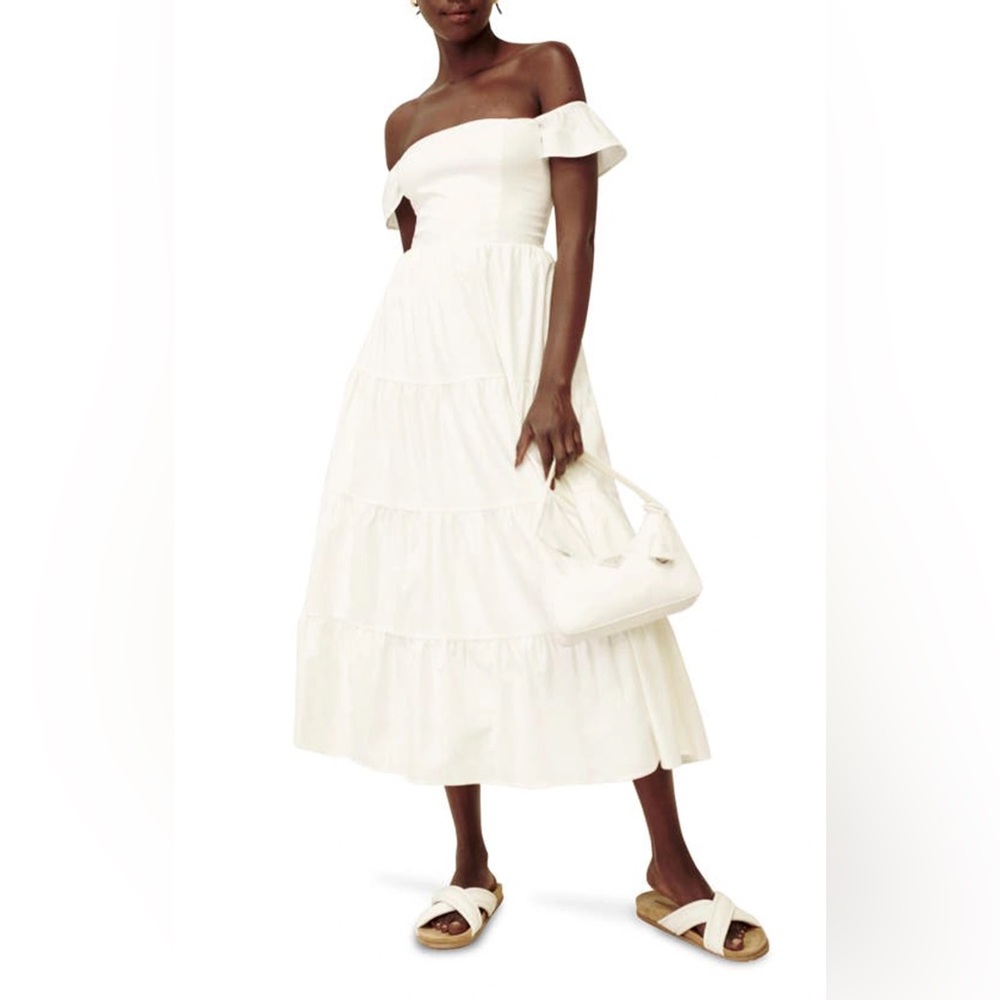Reformation Off The Shoulder Tiered Dress In White -10